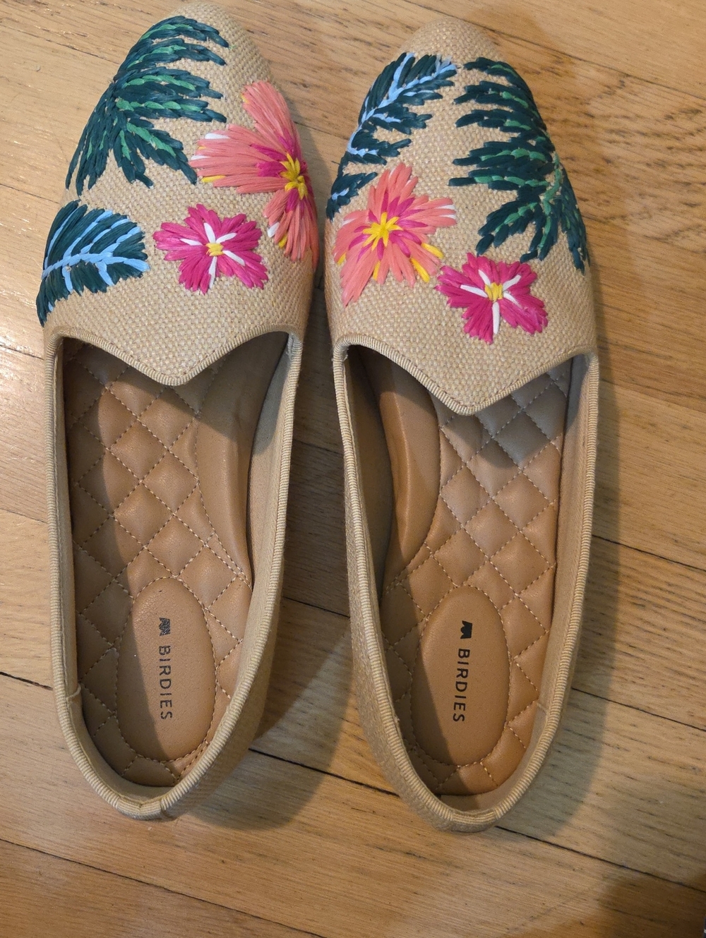 Birdies Tropical Heron Raffia Embroidered Flats with Pink & Coral Flowers